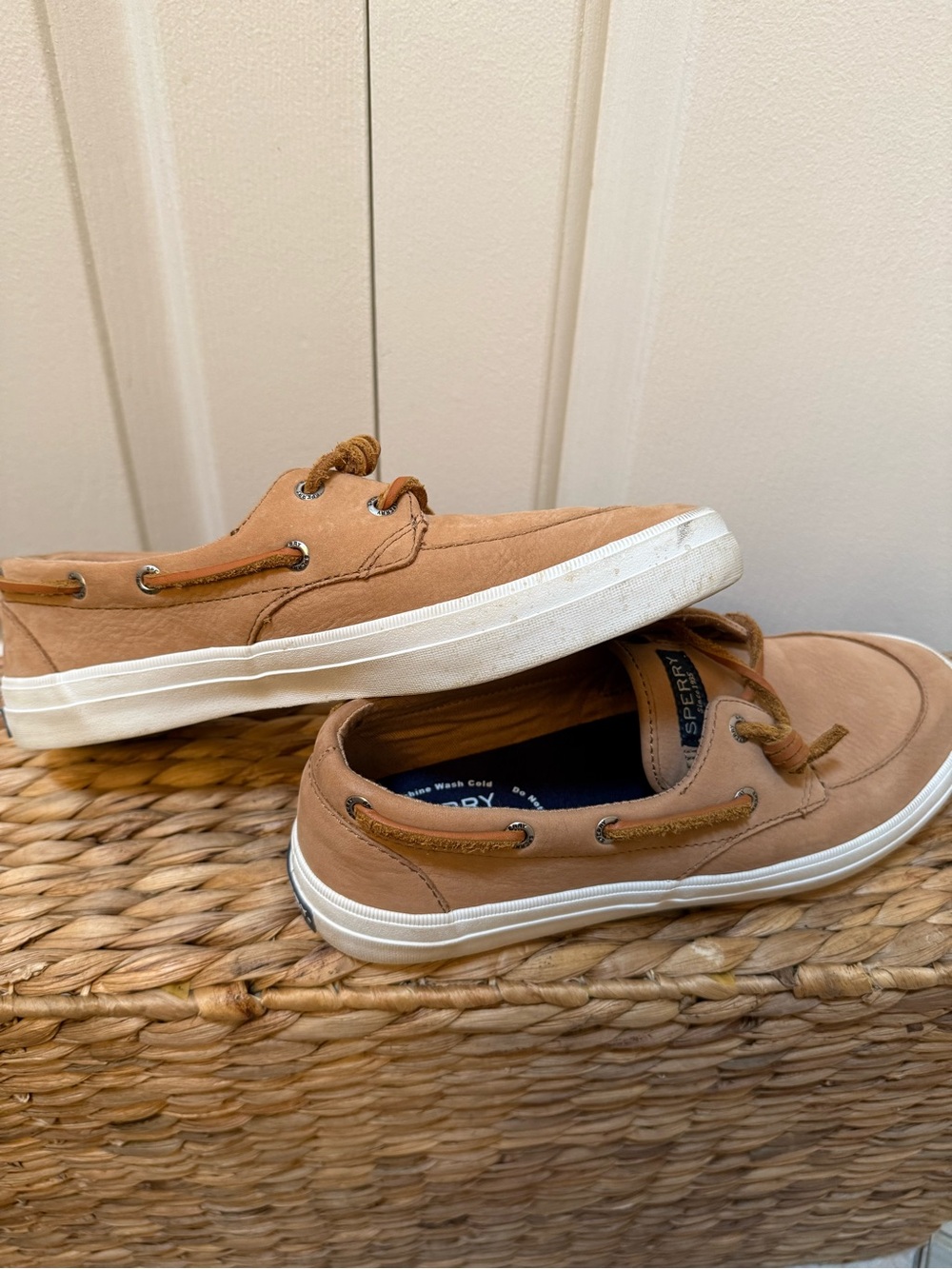 Sperry Women's Tan Canvas 2-Eye Boat Shoes with White Sole